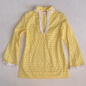 Molly B | Eyelet Cotton Ruffle Bell Sleeve Tunic Top Boho V-Neck Yellow/White S